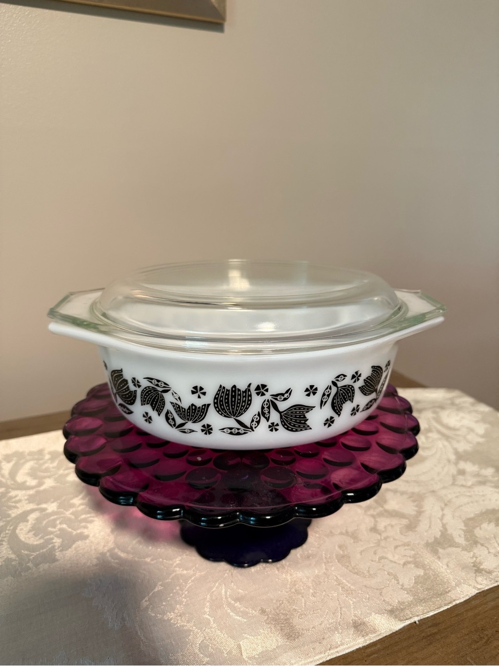 Pyrex White Casserole with Black Floral Motif and Clear Glass Lid